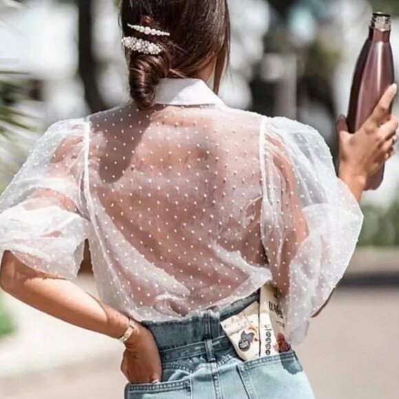 Zara Swiss Dot Organza Puff Sleeve Blouse - Picture 14 of 16